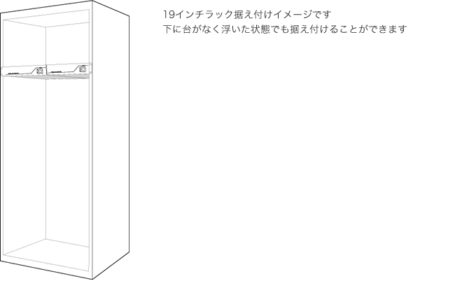 19インチラック据え付けイメージです 下に台がなく浮いた状態でも据え付けることができます